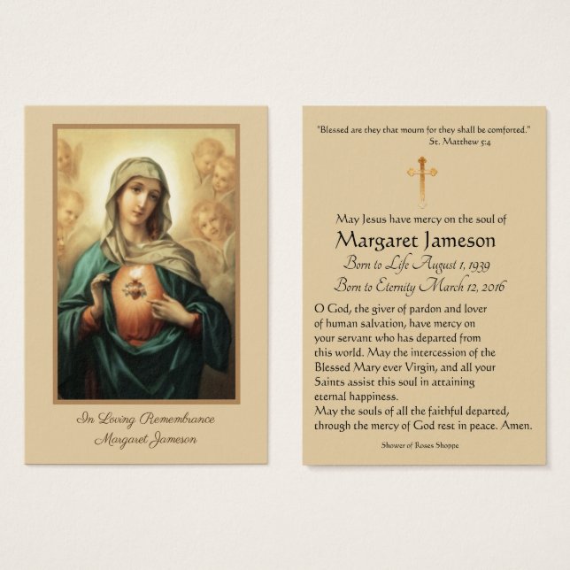 Blessed Virgin Mary  Catholic Funeral Holy Card - (Front & Back)