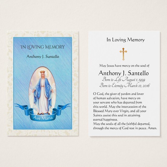 Blessed Virgin Mary  Catholic Funeral Holy Card (Front & Back)