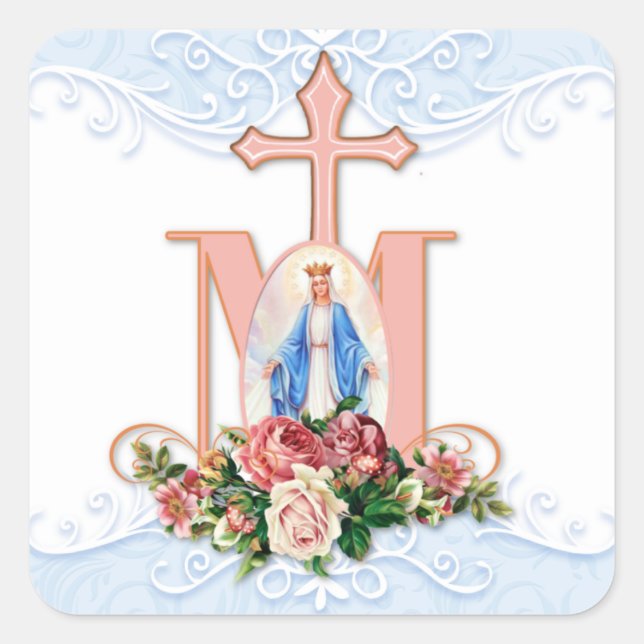 Blessed Virgin Mary Catholic Roses Religious Square Sticker (Front)
