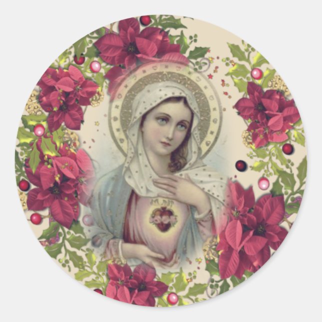 Blessed Virgin Mary Christmas Floral Religious Classic Round Sticker (Front)
