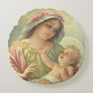 Blessed Virgin Mary holding the Baby Jesus Round Pillow