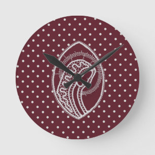 Blessed Virgin Mary in White Lace on Burgundy Round Clock