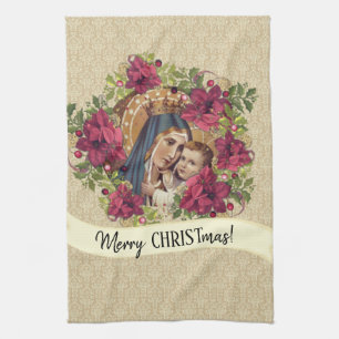 Blessed Virgin Mary Jesus Christmas Floral Kitchen Towel