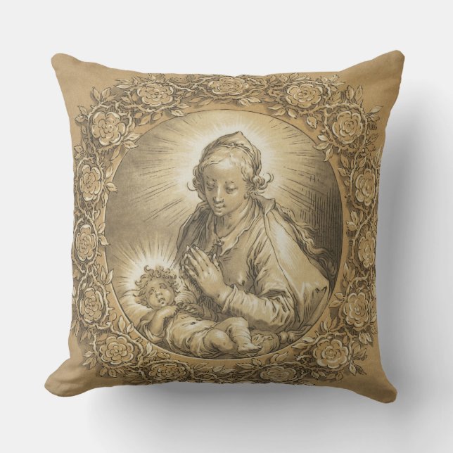 Blessed Virgin Mary Jesus Christmas Vintage Throw Pillow (Front)