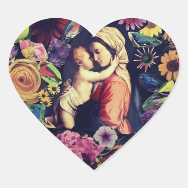 Blessed Virgin Mary Jesus Roses Flowers Religious Heart Sticker (Front)