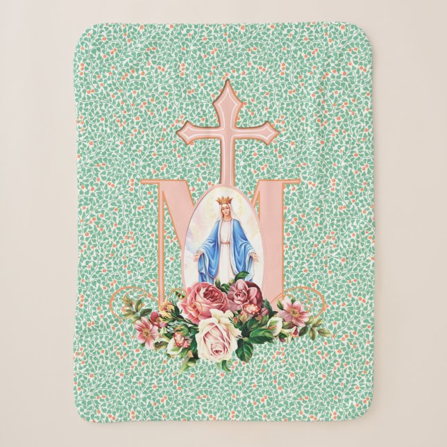 Blessed Virgin Mary Religious Catholic Cross Sherpa Blanket (Front)
