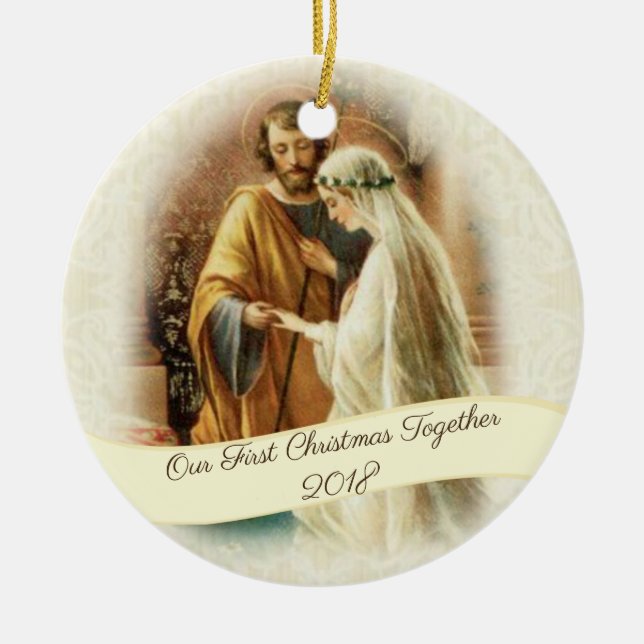Blessed Virgin Mary St. Joseph Newlyweds Engaged Ceramic Ornament (Front)
