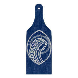 Blessed Virgin Mary, white lace, navy blue Cutting Board