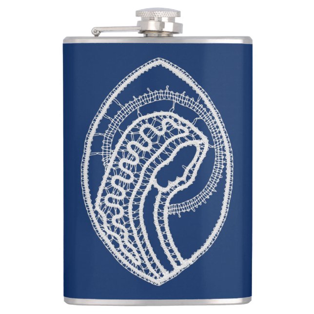 Blessed Virgin Mary, white lace, navy blue Hip Flask (Front)