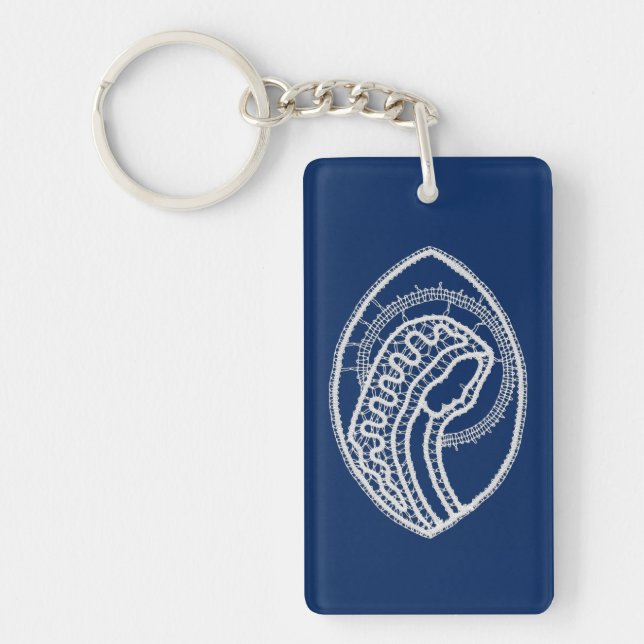 Blessed Virgin Mary, white lace, navy blue Keychain (Front)