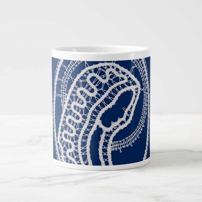 Blessed Virgin Mary, white lace, navy blue Large Coffee Mug (Front)