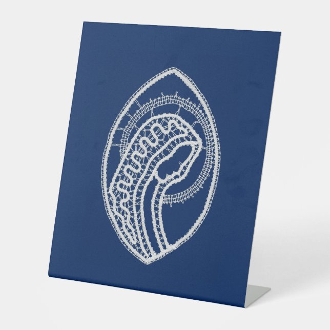 Blessed Virgin Mary, white lace, navy blue Pedestal Sign (Front)
