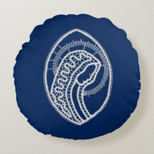 Blessed Virgin Mary, white lace, navy blue Round Pillow