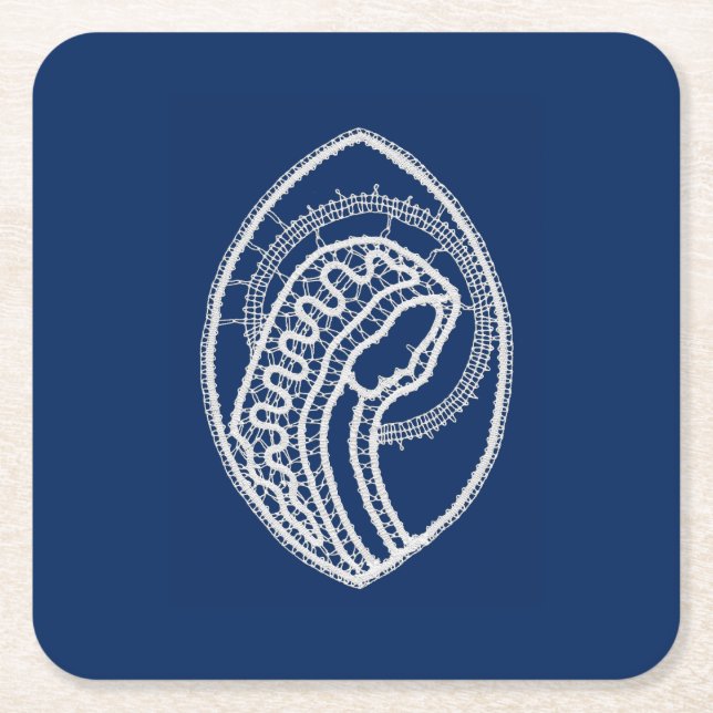 Blessed Virgin Mary, white lace, navy blue Square Paper Coaster (Front)