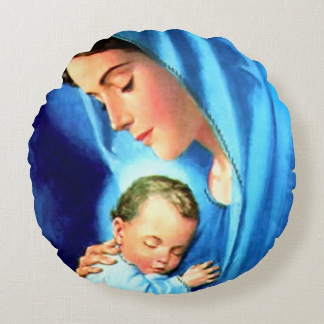 Blessed Virgin Mary with Baby Jesus Round Pillow (Front)