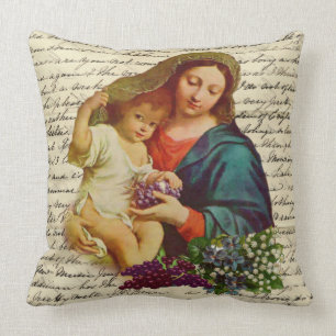 Blessed Virgin Mary with Jesus holding Grapes Throw Pillow