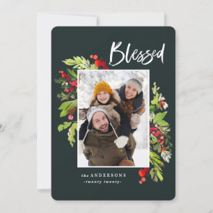 Blessed watercolor floral and foliage christmas holiday card