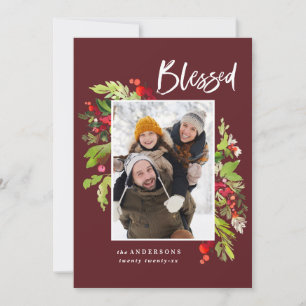 Blessed watercolor floral and foliage christmas holiday card