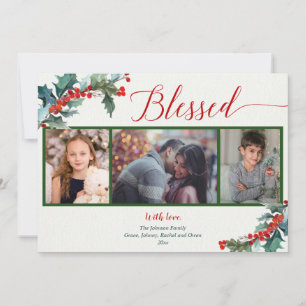 Blessed watercolor hollies berries 3 photo card
