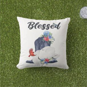 Blessed with Cowboy Boots/Hat & Flowers/Birds Outdoor Pillow