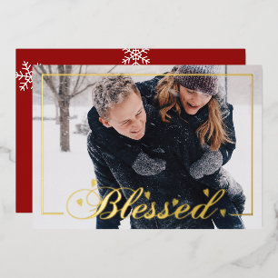 "Blessed" with Heart Accents Christmas Full Photo Foil Holiday Card