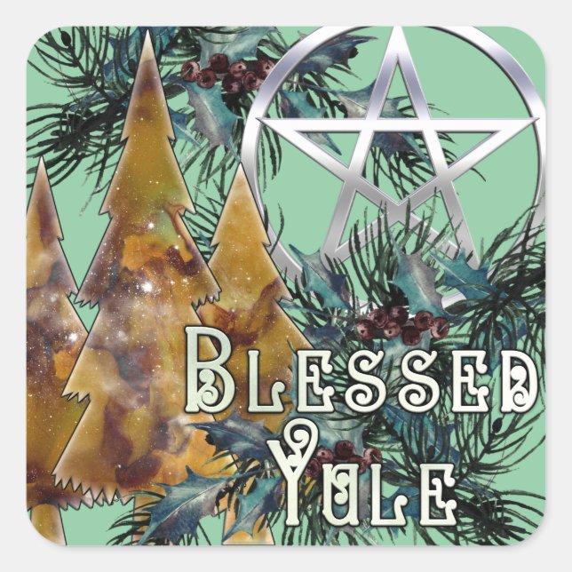 Blessed Yule Silver Pentacle Holly and Pine Square Sticker (Front)