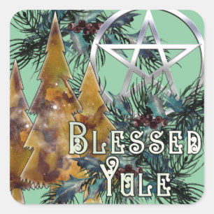 Blessed Yule Silver Pentacle Holly and Pine Square Sticker