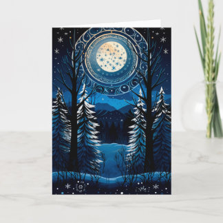 Blessed Yule Winter Solstice Cozy Full Moon Forest Holiday Card