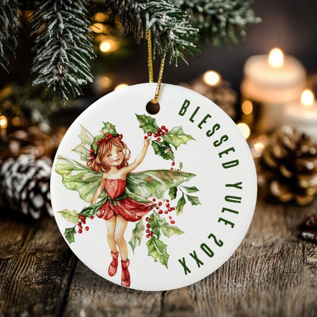 Blessed Yule Winter Solstice Holly Fairy Wicca Ceramic Ornament (Blessed Yule Winter Solstice Holly Fairy Wicca Ceramic Ornament)