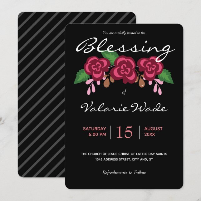 Blessing Baby Elegant Modern LDS Roses Invitation (Front/Back)