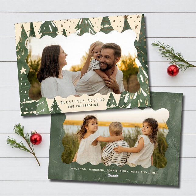 Blessings Abound 2 Photo Family Christmas Trees Holiday Card (Creator Uploaded)