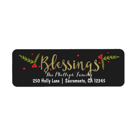 Blessings Black Gold & Red Christmas Holiday Card Return Address Label