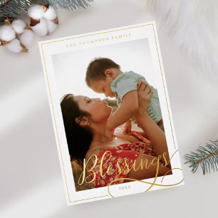 Blessings Elegant Script Calligraphy Family Photo Foil Holiday Card