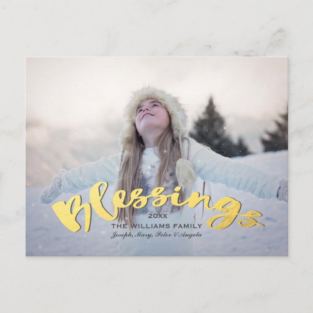 Blessings Faux Gold Script Holiday Christmas Photo (Front)