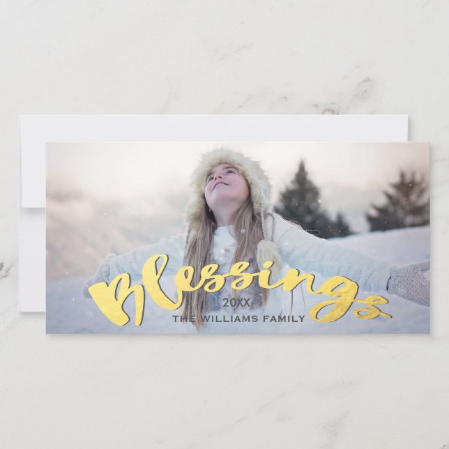 Blessings Faux Gold Script Holiday Christmas Photo (Front)