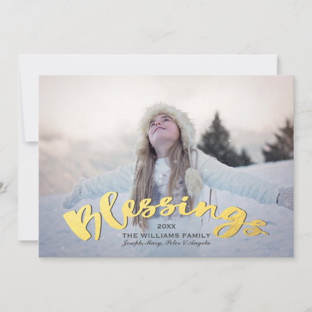 Blessings Faux Gold Script Holiday Christmas Photo Card (Front)