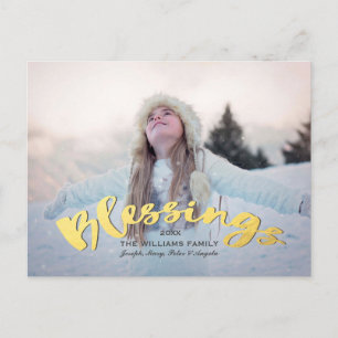 Blessings Faux Gold Script Holiday Christmas Photo Postcard