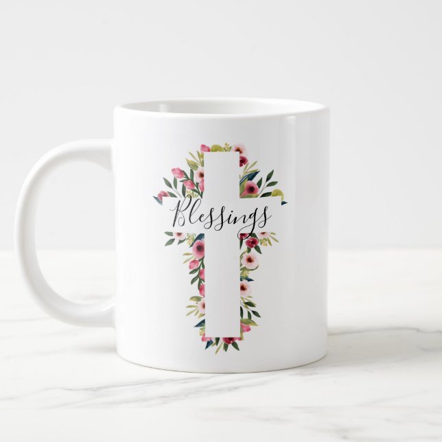 Blessings Floral Watercolor Religious Cross Large Coffee Mug (Left)
