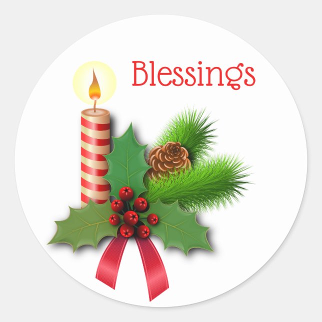Blessings Holly Candle With Red Ribbon Classic Round Sticker (Front)