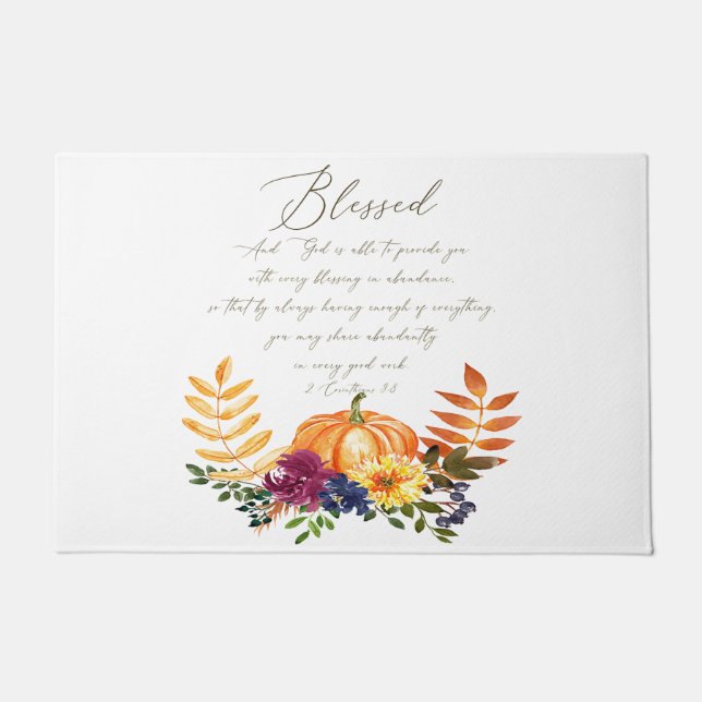 Blessings in abundance fall pumpkins and mums  doormat (Front)