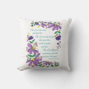 Blessings Scripture Numbers 6:24-26 Purple Floral  Throw Pillow
