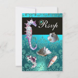 BLEU AQUAMARINE DAMASK BEACH MARIAGE RSVP