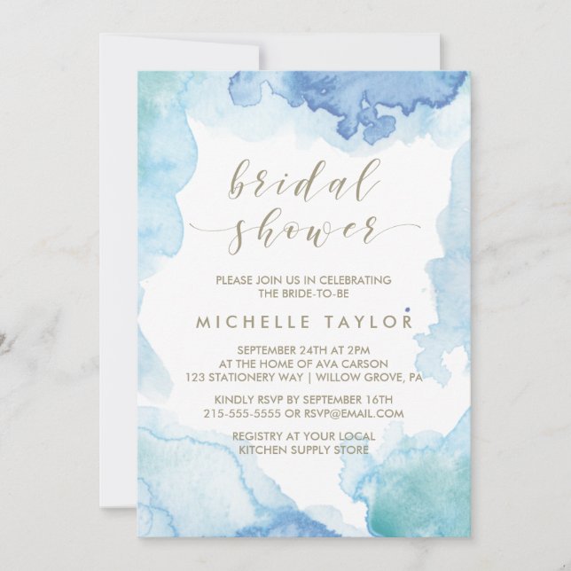 Bleu Aquarelle Douche nuptiale Invitation (Devant)