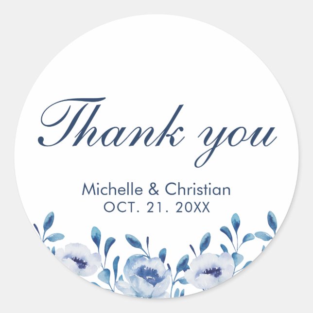 Bleu Aquarelle Mariage Favoriser Merci Sticker (Devant)