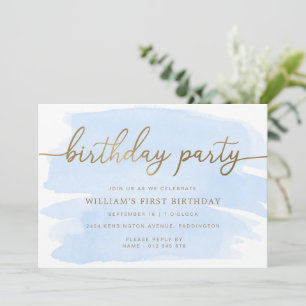 Bleu Aquarelle Or Anniversaire Fête Invitation