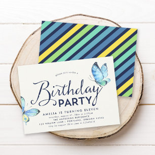 Bleu Aquarelle Papillons Invitation Anniversaire