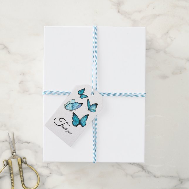 Bleu aquarelle papillons Merci étiquettes cadeaux (Avec de laficelle)