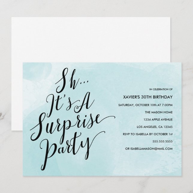 Bleu Aquarelle Surprise Invitation de la fête (Devant / Derrière)