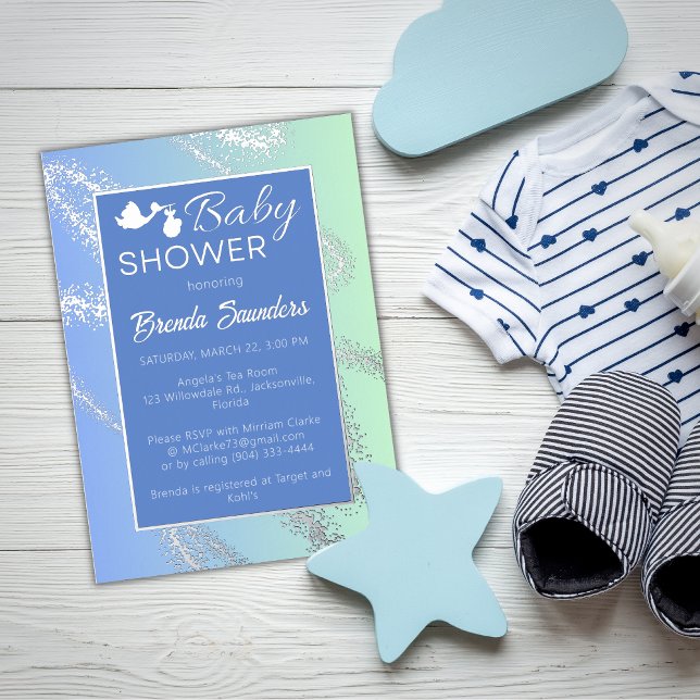 Bleu avec Baby shower à huile d'argent Invitation (Créateur téléchargé)