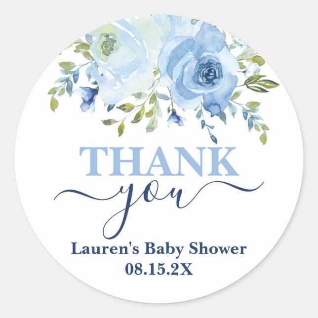 Bleu Baby shower Floral Boy Classic Round Sticker (Devant)